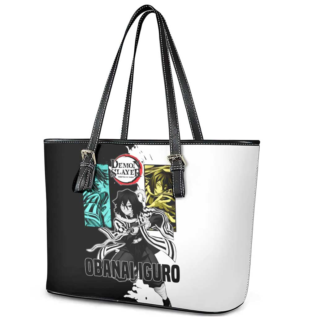 Obanai Iguro from Demon Slayer Leather Tote Bag with Black and White Contrast Background and Serpent-Themed Manga Style Design - The Mazicc