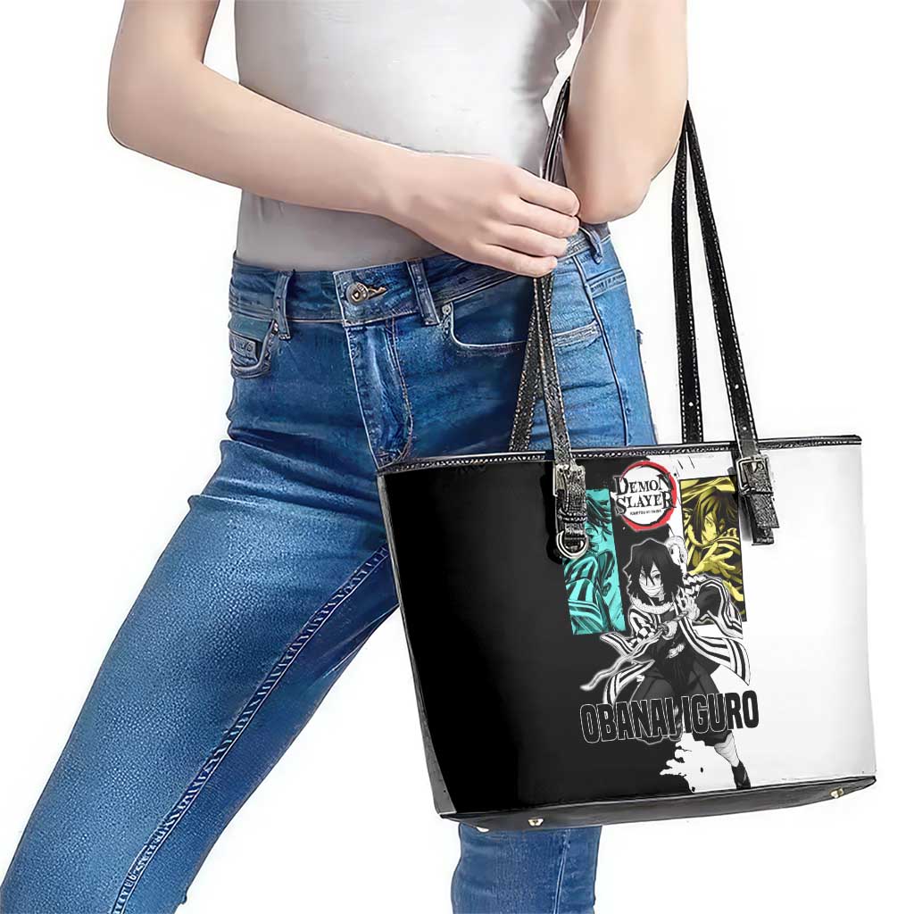 Obanai Iguro from Demon Slayer Leather Tote Bag with Black and White Contrast Background and Serpent-Themed Manga Style Design - The Mazicc