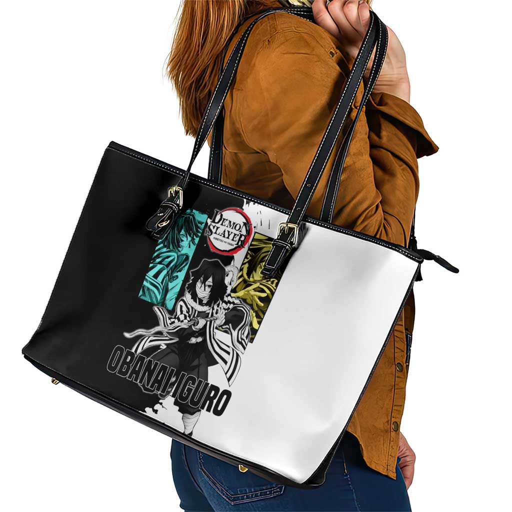 Obanai Iguro from Demon Slayer Leather Tote Bag with Black and White Contrast Background and Serpent-Themed Manga Style Design - The Mazicc