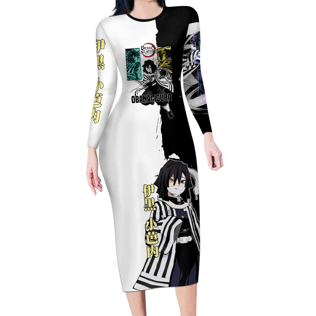 Obanai Iguro from Demon Slayer Long Sleeve Bodycon Dress with Black and White Contrast Background and Serpent-Themed Manga Style Design - The Mazicc