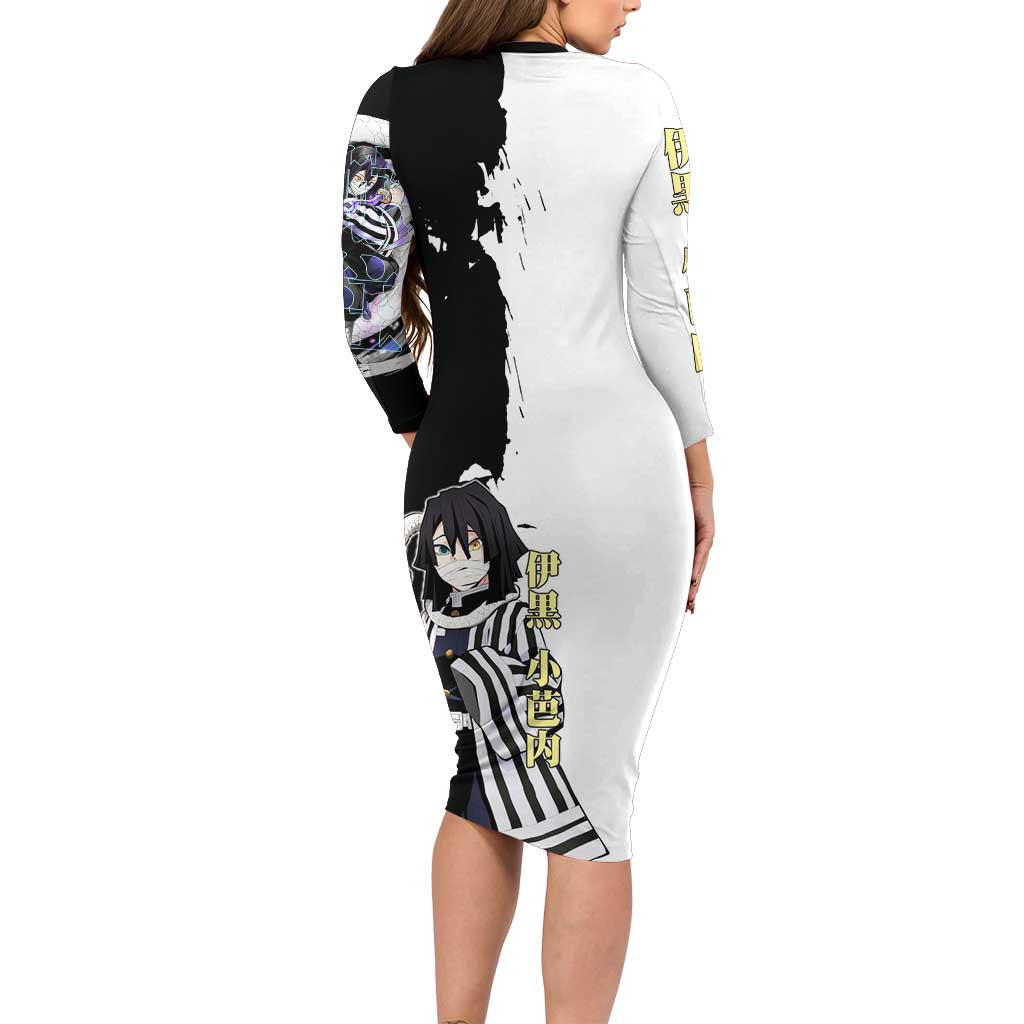 Obanai Iguro from Demon Slayer Long Sleeve Bodycon Dress with Black and White Contrast Background and Serpent-Themed Manga Style Design - The Mazicc
