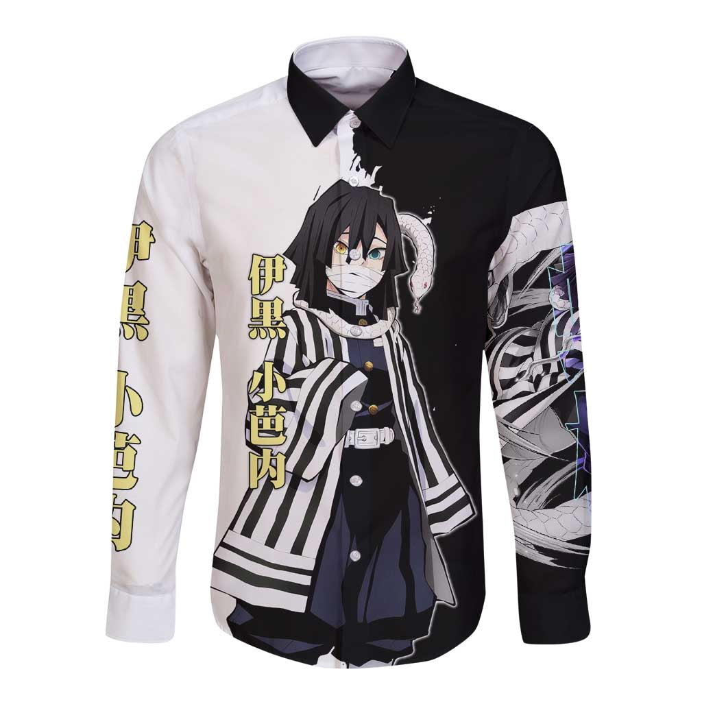 Obanai Iguro from Demon Slayer Long Sleeve Button Shirt with Black and White Contrast Background and Serpent-Themed Manga Style Design - The Mazicc