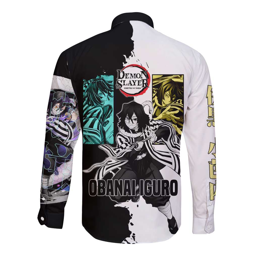 Obanai Iguro from Demon Slayer Long Sleeve Button Shirt with Black and White Contrast Background and Serpent-Themed Manga Style Design - The Mazicc