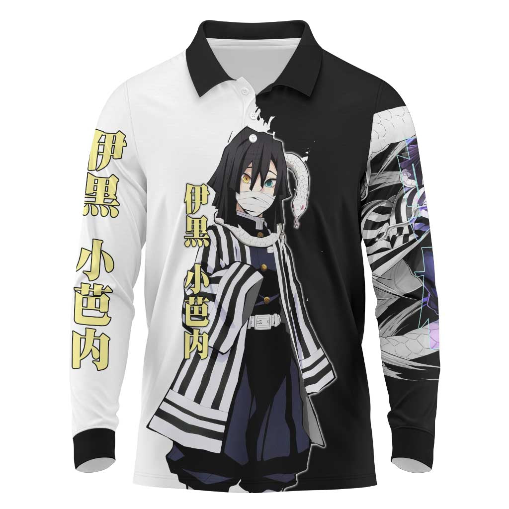 Obanai Iguro from Demon Slayer Long Sleeve Polo Shirt with Black and White Contrast Background and Serpent-Themed Manga Style Design - The Mazicc