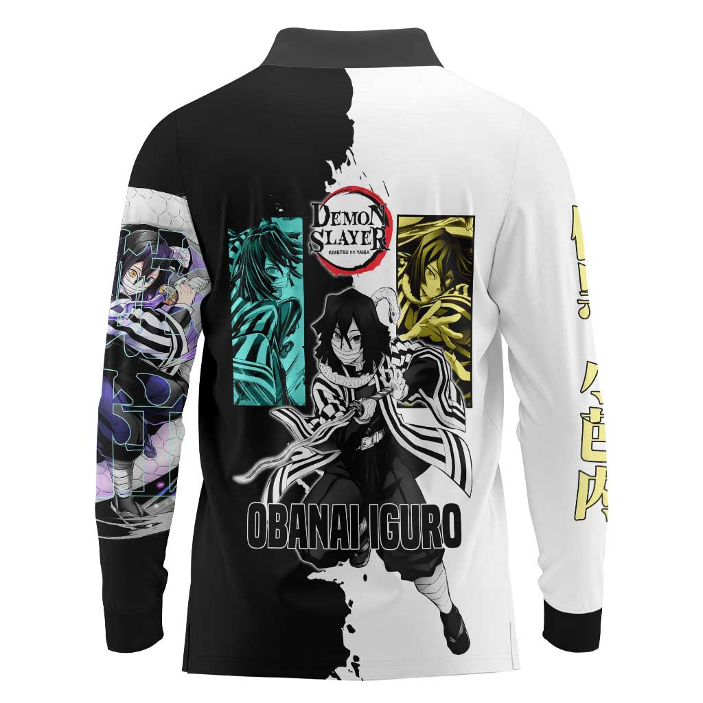Obanai Iguro from Demon Slayer Long Sleeve Polo Shirt with Black and White Contrast Background and Serpent-Themed Manga Style Design - The Mazicc