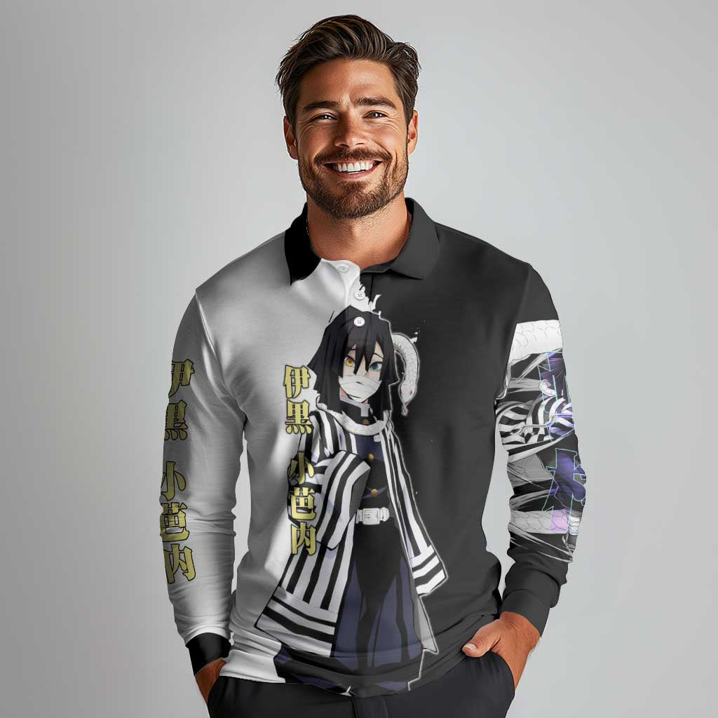Obanai Iguro from Demon Slayer Long Sleeve Polo Shirt with Black and White Contrast Background and Serpent-Themed Manga Style Design - The Mazicc