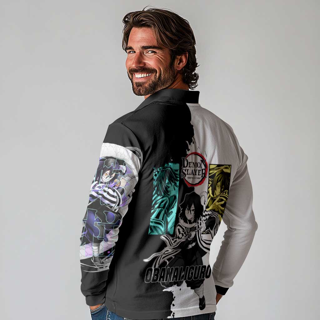 Obanai Iguro from Demon Slayer Long Sleeve Polo Shirt with Black and White Contrast Background and Serpent-Themed Manga Style Design - The Mazicc