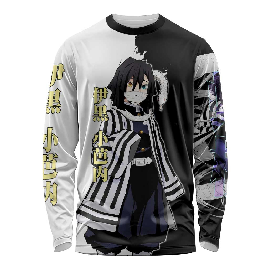 Obanai Iguro from Demon Slayer Long Sleeve Shirt with Black and White Contrast Background and Serpent-Themed Manga Style Design - The Mazicc