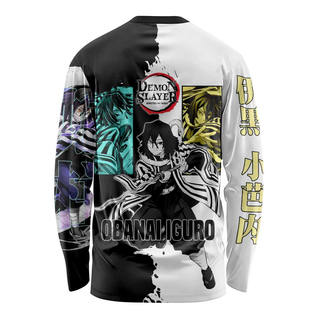 Obanai Iguro from Demon Slayer Long Sleeve Shirt with Black and White Contrast Background and Serpent-Themed Manga Style Design - The Mazicc