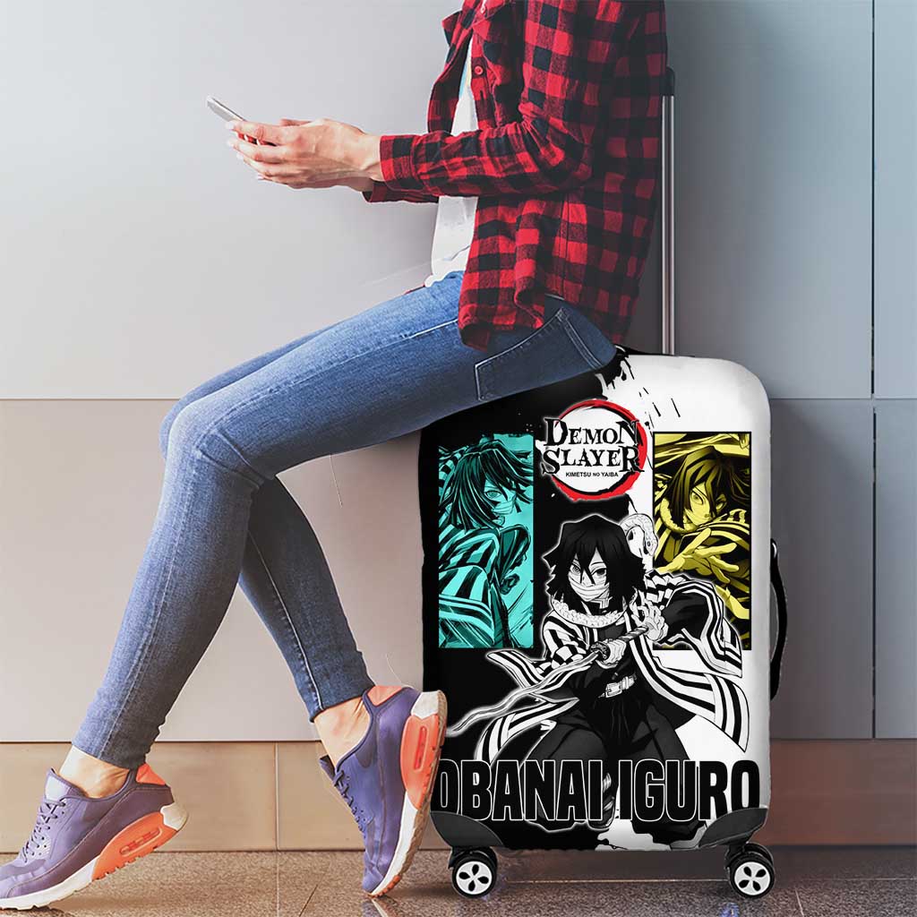 Obanai Iguro from Demon Slayer Luggage Cover with Black and White Contrast Background and Serpent-Themed Manga Style Design - The Mazicc
