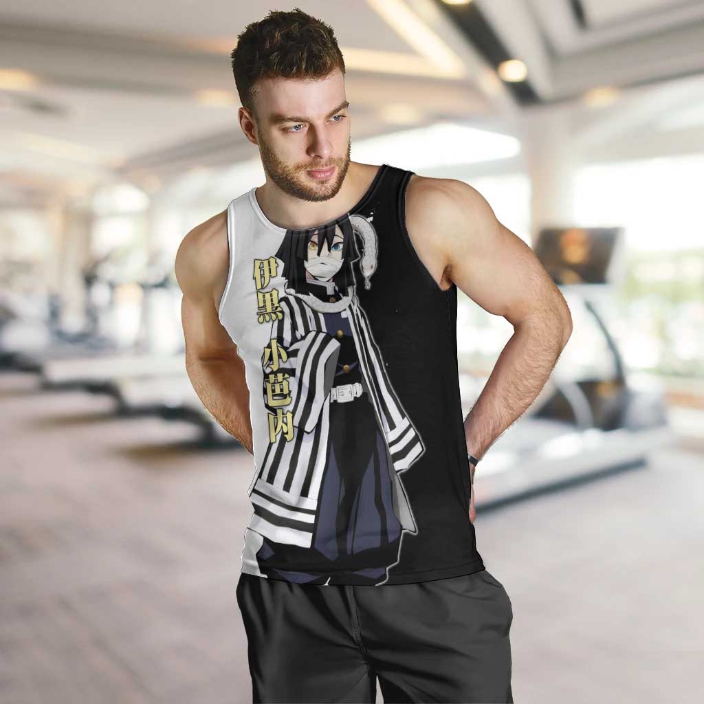 Obanai Iguro from Demon Slayer Men Tank Top with Black and White Contrast Background and Serpent-Themed Manga Style Design - The Mazicc