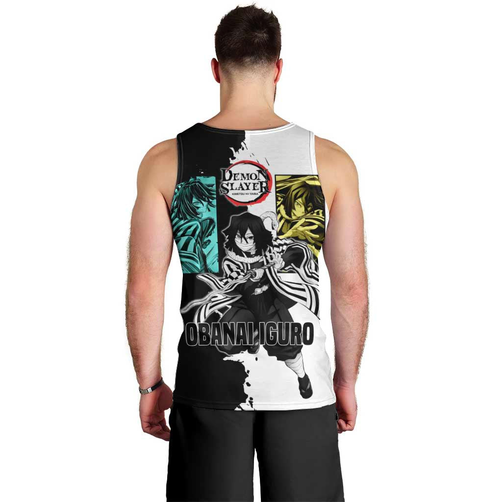 Obanai Iguro from Demon Slayer Men Tank Top with Black and White Contrast Background and Serpent-Themed Manga Style Design - The Mazicc