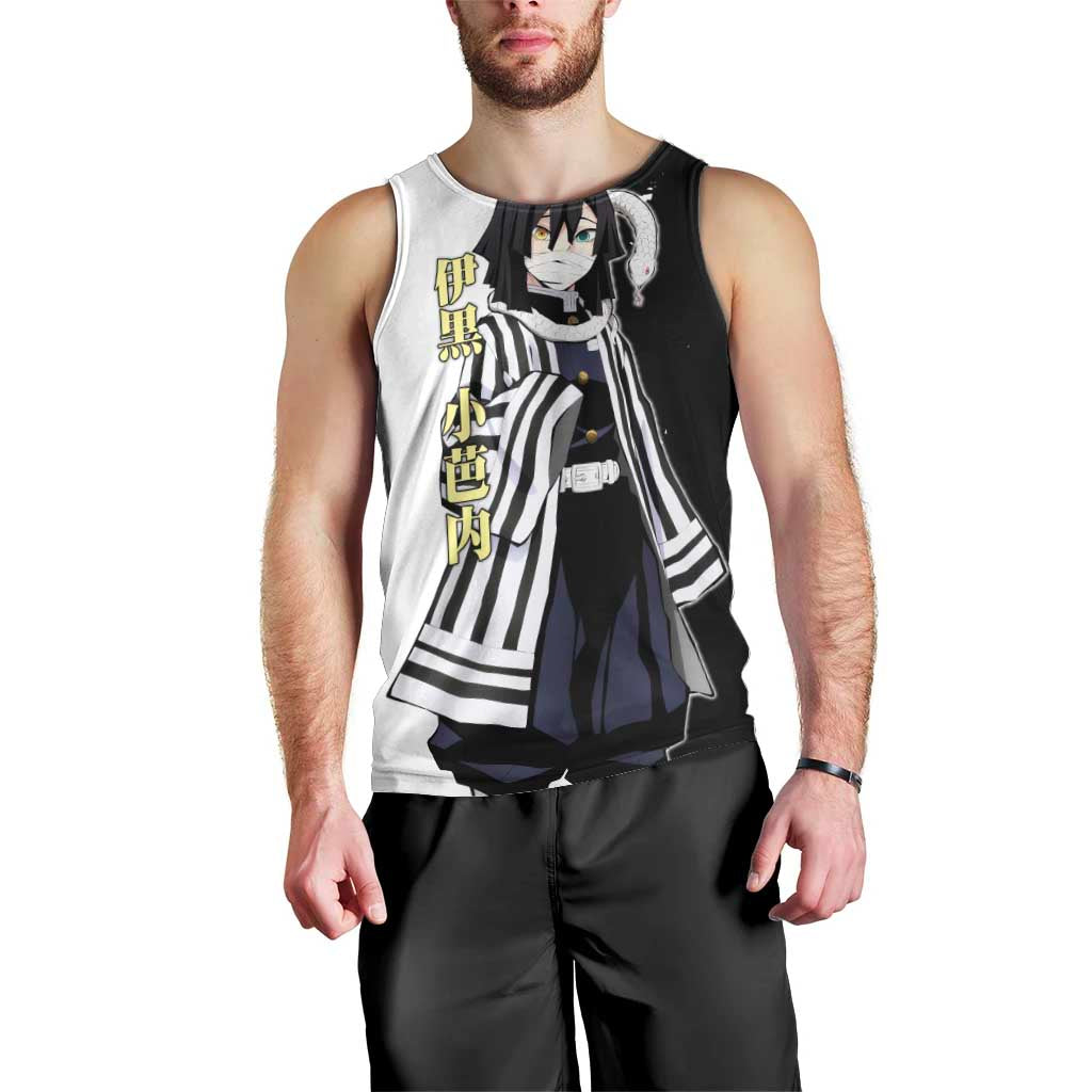 Obanai Iguro from Demon Slayer Men Tank Top with Black and White Contrast Background and Serpent-Themed Manga Style Design - The Mazicc