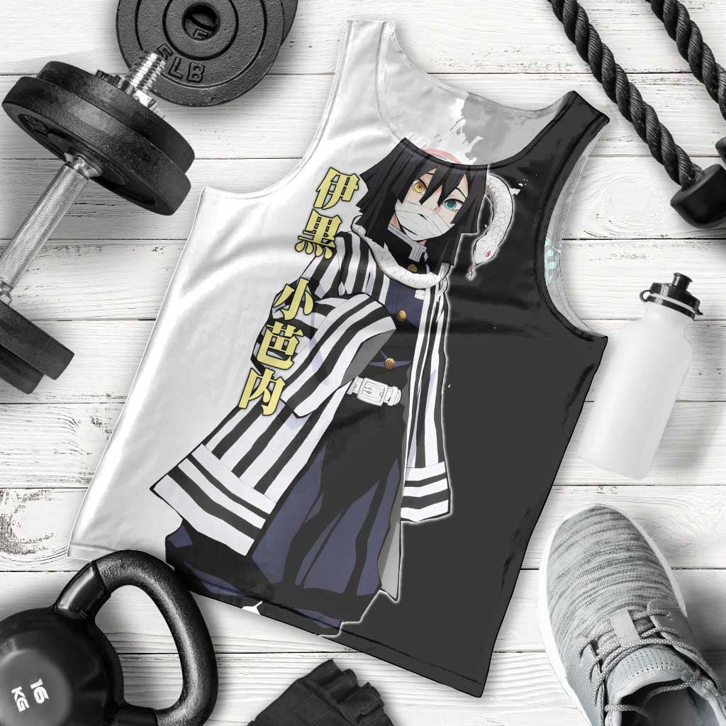Obanai Iguro from Demon Slayer Men Tank Top with Black and White Contrast Background and Serpent-Themed Manga Style Design - The Mazicc