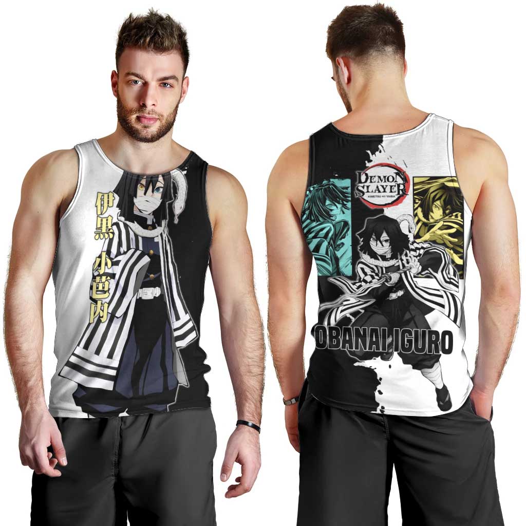 Obanai Iguro from Demon Slayer Men Tank Top with Black and White Contrast Background and Serpent-Themed Manga Style Design - The Mazicc