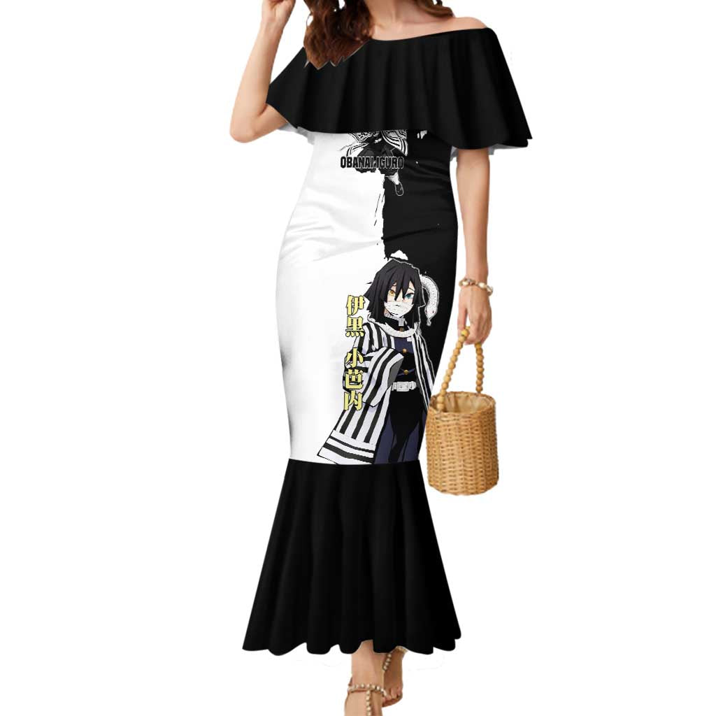 Obanai Iguro from Demon Slayer Mermaid Dress with Black and White Contrast Background and Serpent-Themed Manga Style Design - The Mazicc