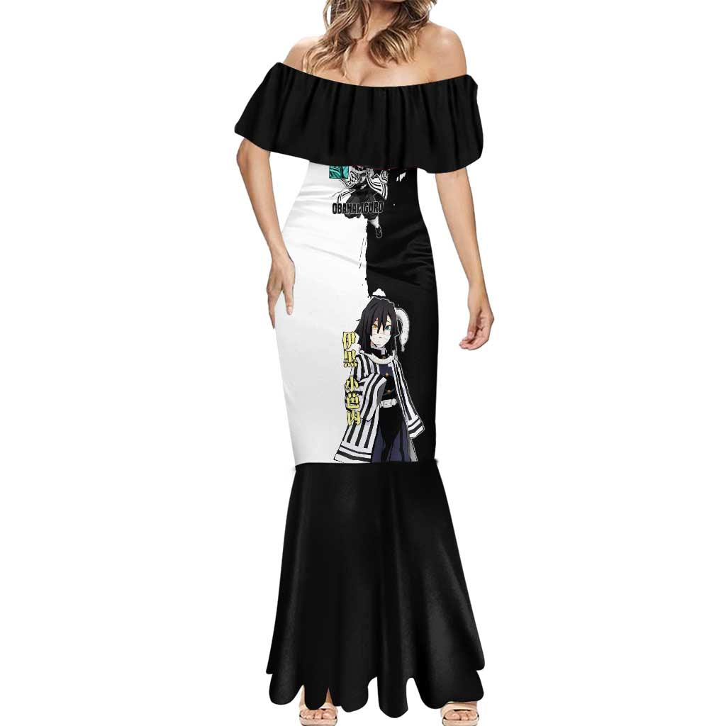 Obanai Iguro from Demon Slayer Mermaid Dress with Black and White Contrast Background and Serpent-Themed Manga Style Design - The Mazicc