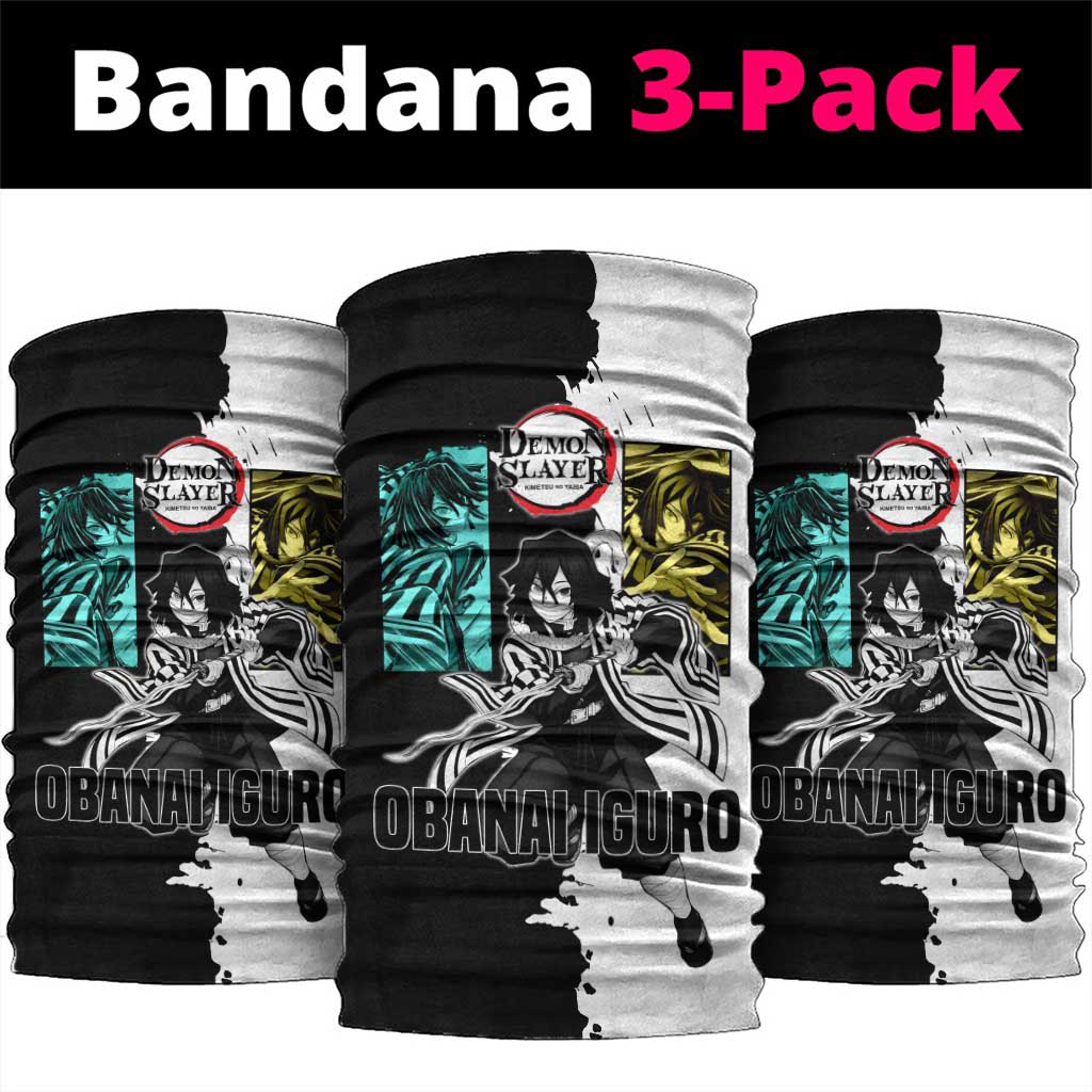Obanai Iguro from Demon Slayer Neck Gaiter with Black and White Contrast Background and Serpent-Themed Manga Style Design - The Mazicc