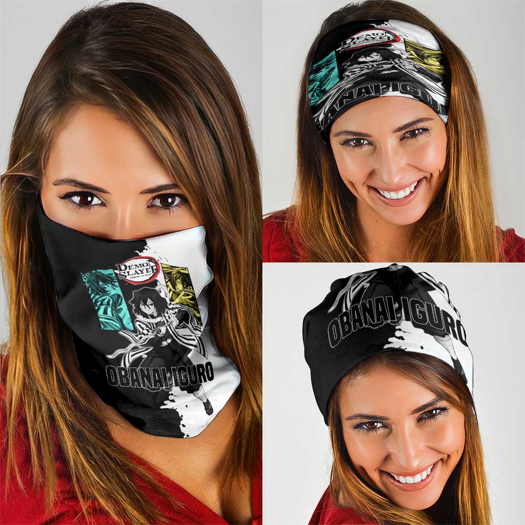 Obanai Iguro from Demon Slayer Neck Gaiter with Black and White Contrast Background and Serpent-Themed Manga Style Design - The Mazicc