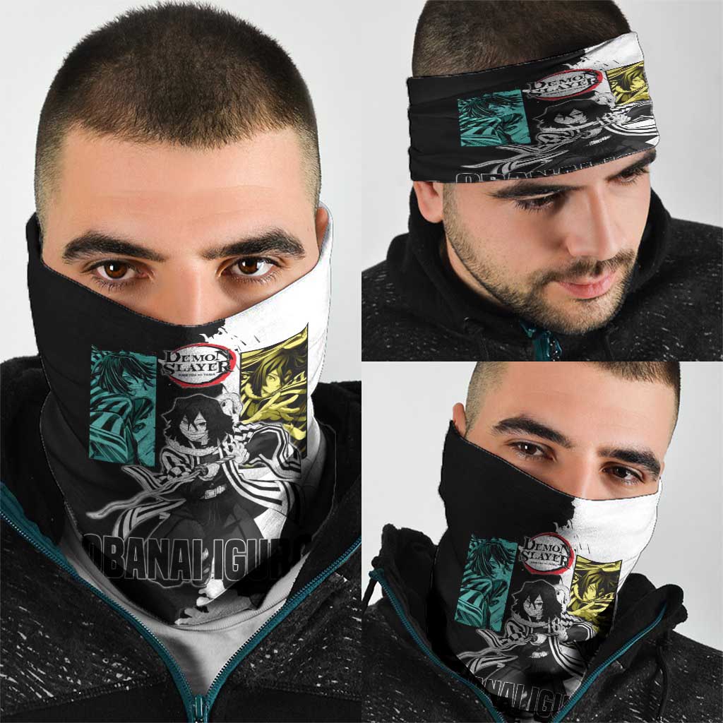 Obanai Iguro from Demon Slayer Neck Gaiter with Black and White Contrast Background and Serpent-Themed Manga Style Design - The Mazicc