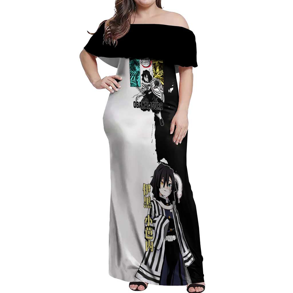 Obanai Iguro from Demon Slayer Off Shoulder Maxi Dress with Black and White Contrast Background and Serpent-Themed Manga Style Design - The Mazicc