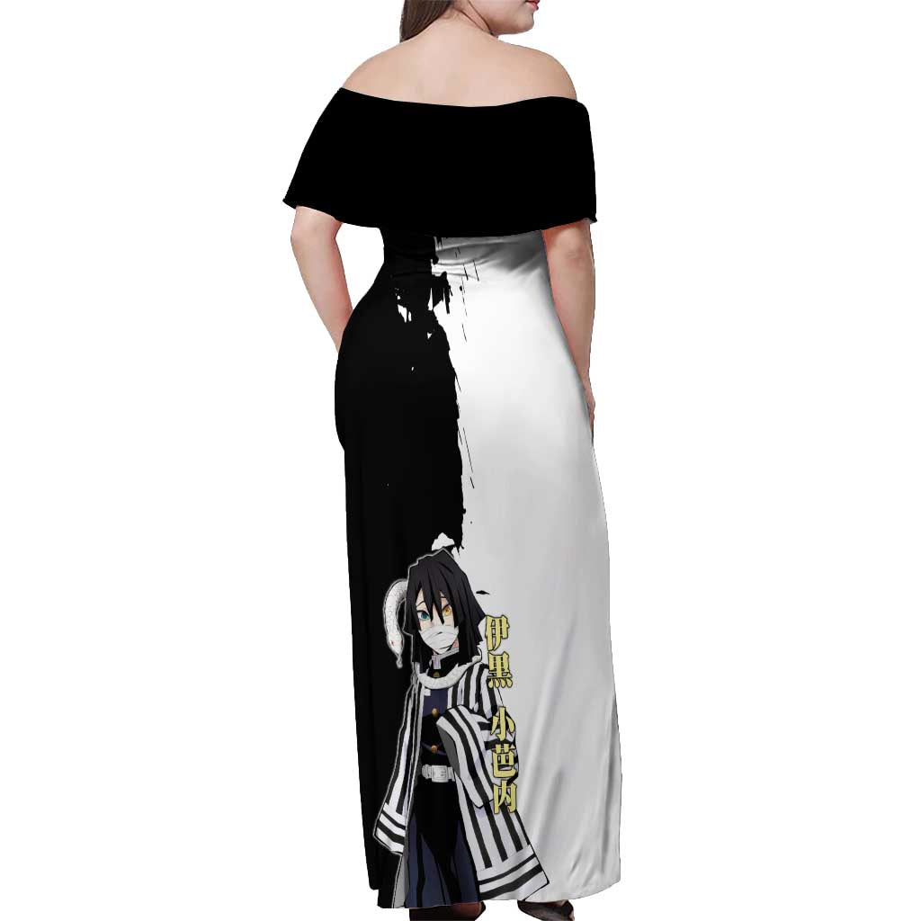 Obanai Iguro from Demon Slayer Off Shoulder Maxi Dress with Black and White Contrast Background and Serpent-Themed Manga Style Design - The Mazicc
