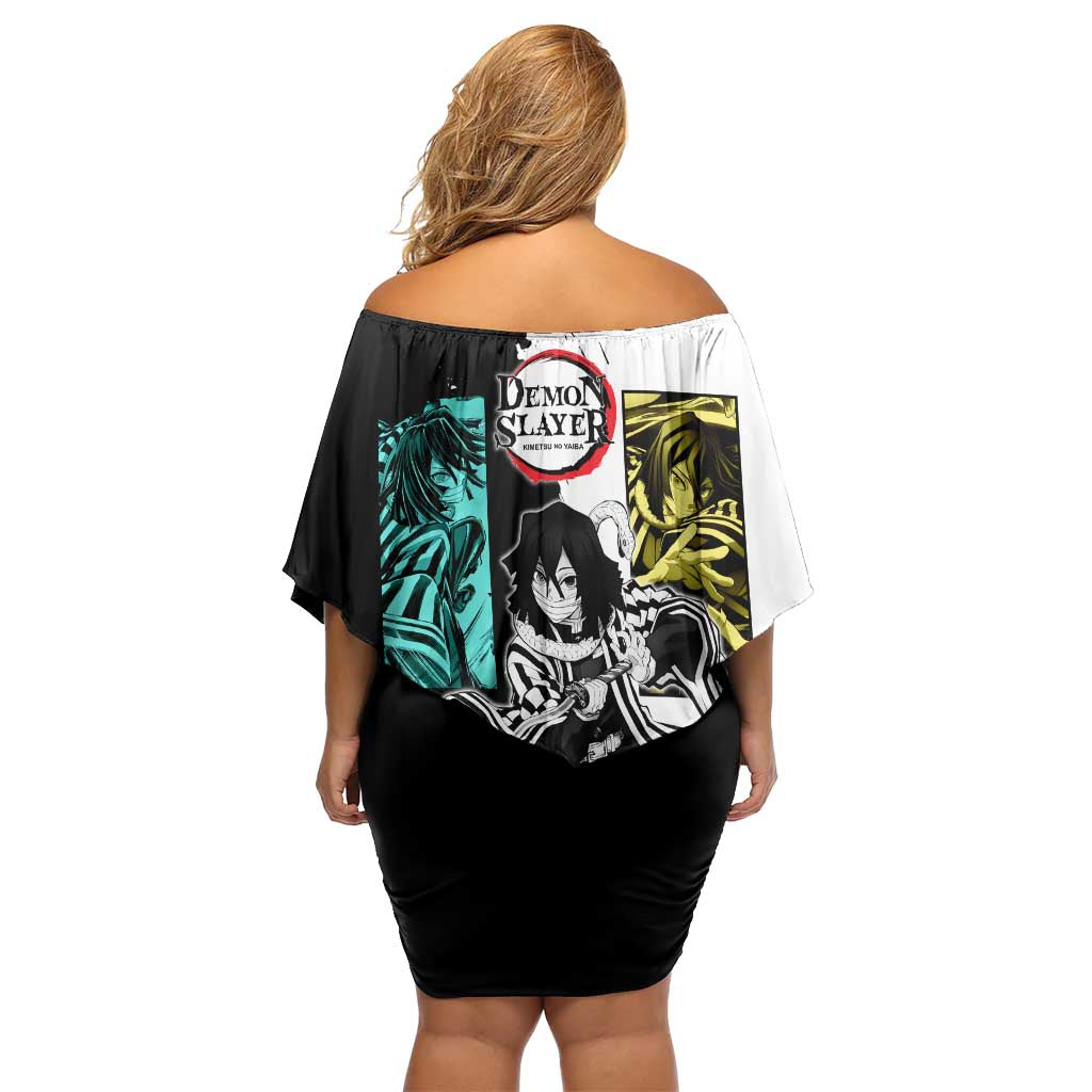 Obanai Iguro from Demon Slayer Off Shoulder Short Dress with Black and White Contrast Background and Serpent-Themed Manga Style Design - The Mazicc