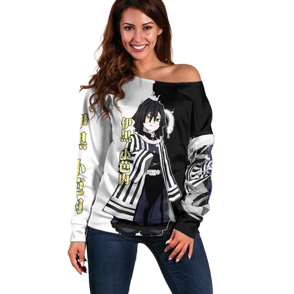 Obanai Iguro from Demon Slayer Off Shoulder Sweater with Black and White Contrast Background and Serpent-Themed Manga Style Design - The Mazicc