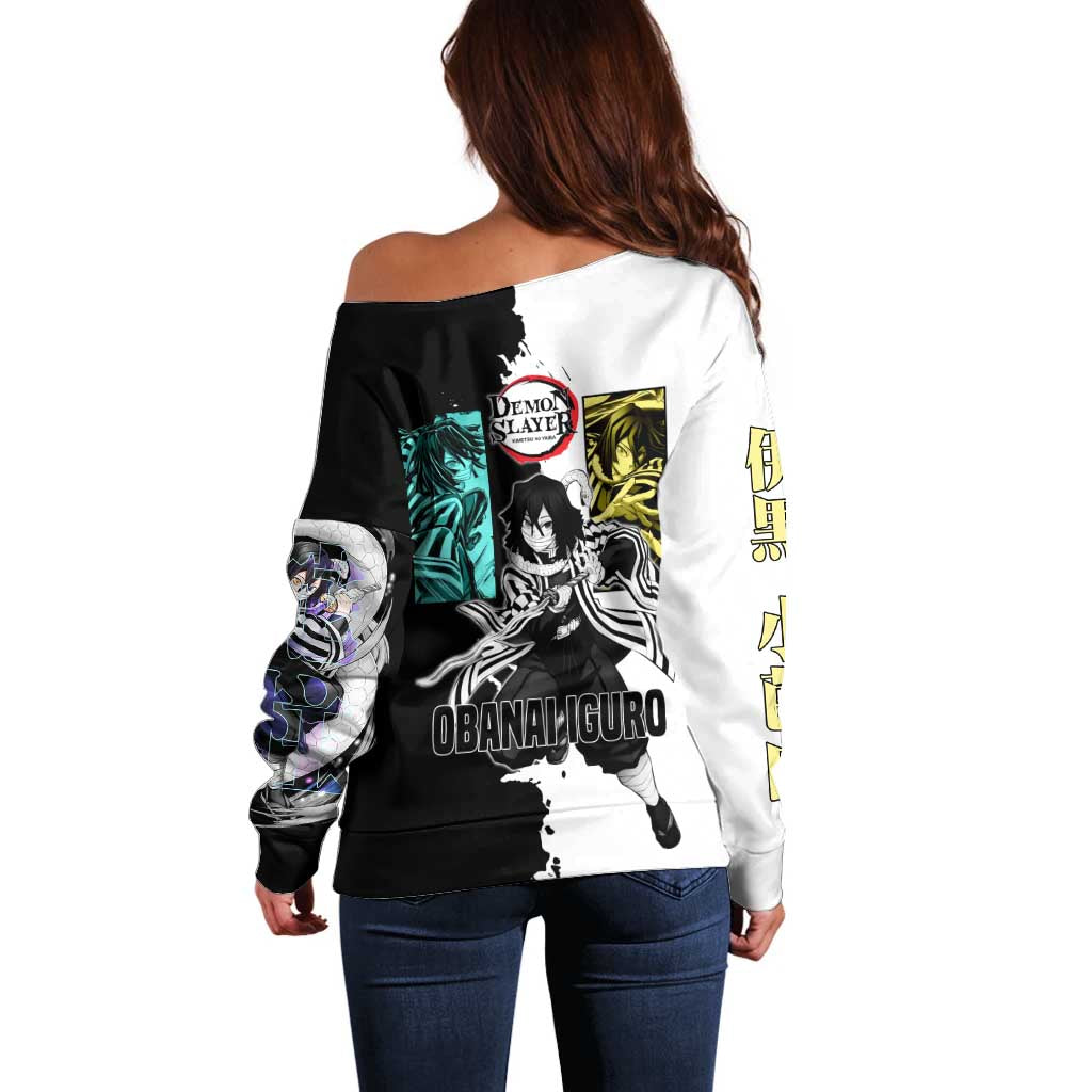 Obanai Iguro from Demon Slayer Off Shoulder Sweater with Black and White Contrast Background and Serpent-Themed Manga Style Design - The Mazicc