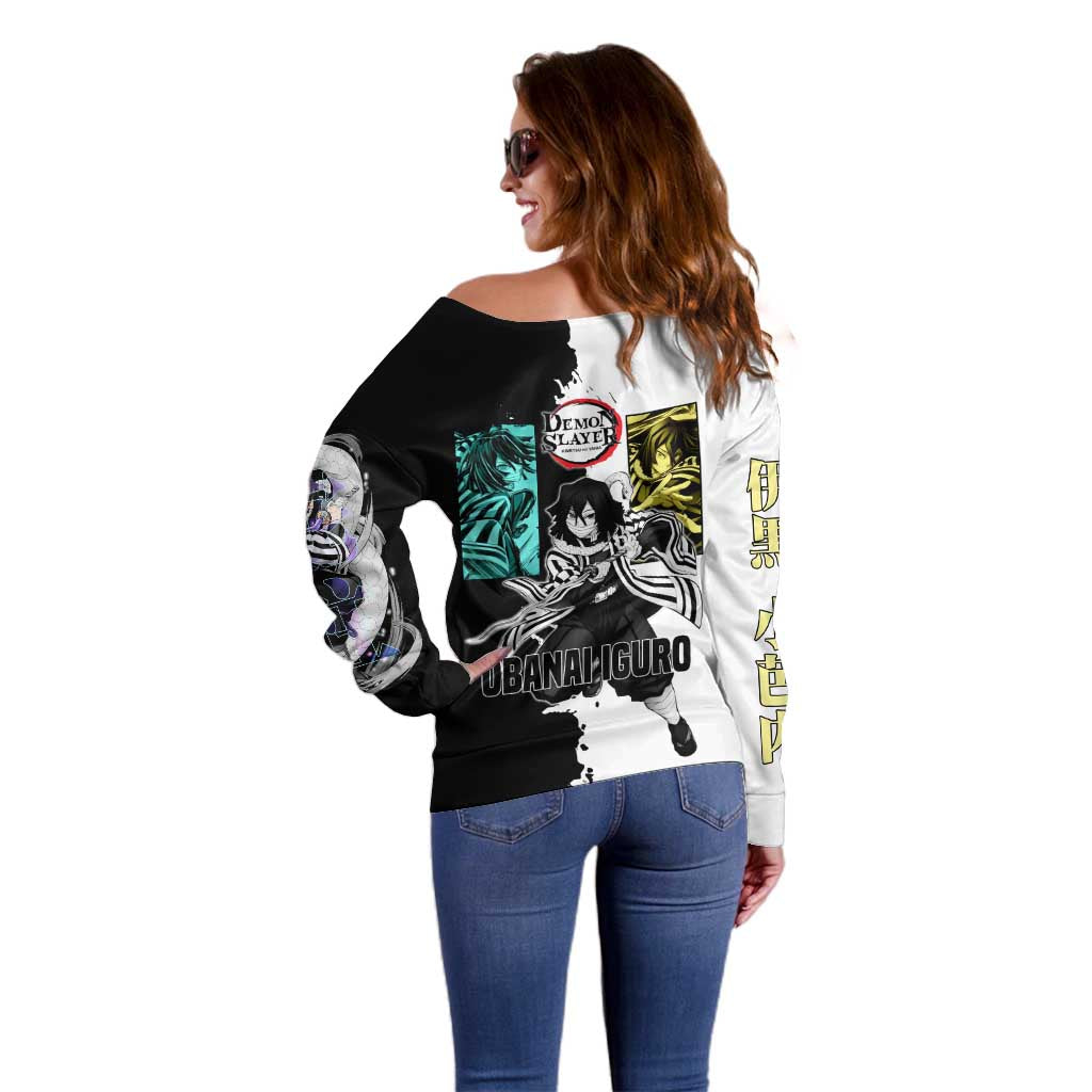 Obanai Iguro from Demon Slayer Off Shoulder Sweater with Black and White Contrast Background and Serpent-Themed Manga Style Design - The Mazicc