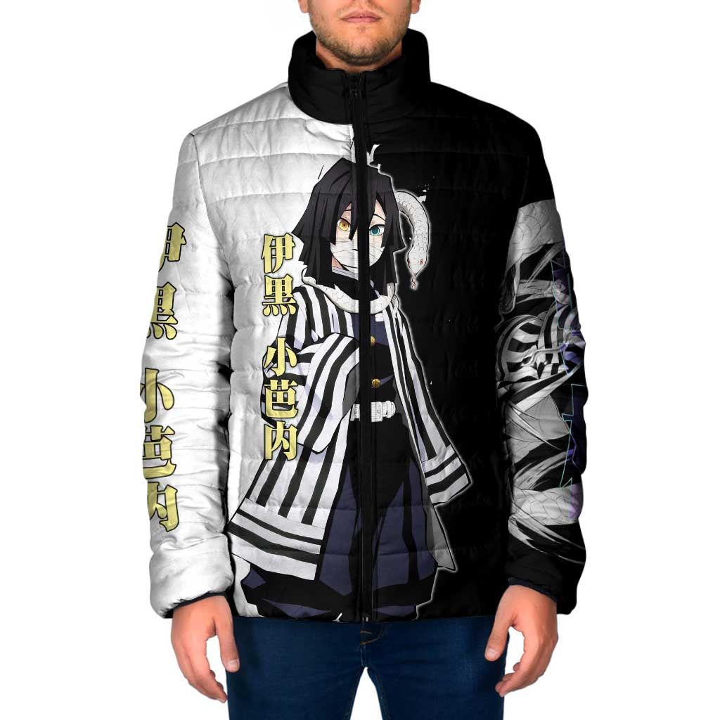 Obanai Iguro from Demon Slayer Padded Jacket with Black and White Contrast Background and Serpent-Themed Manga Style Design - The Mazicc