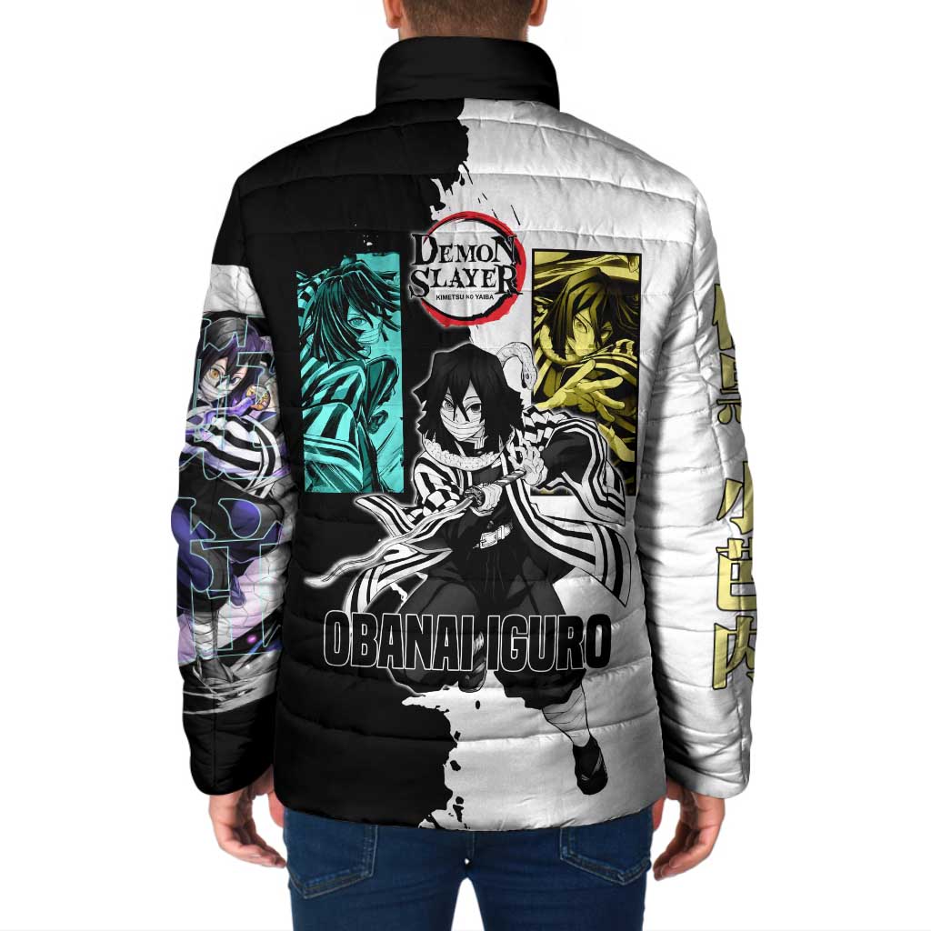 Obanai Iguro from Demon Slayer Padded Jacket with Black and White Contrast Background and Serpent-Themed Manga Style Design - The Mazicc