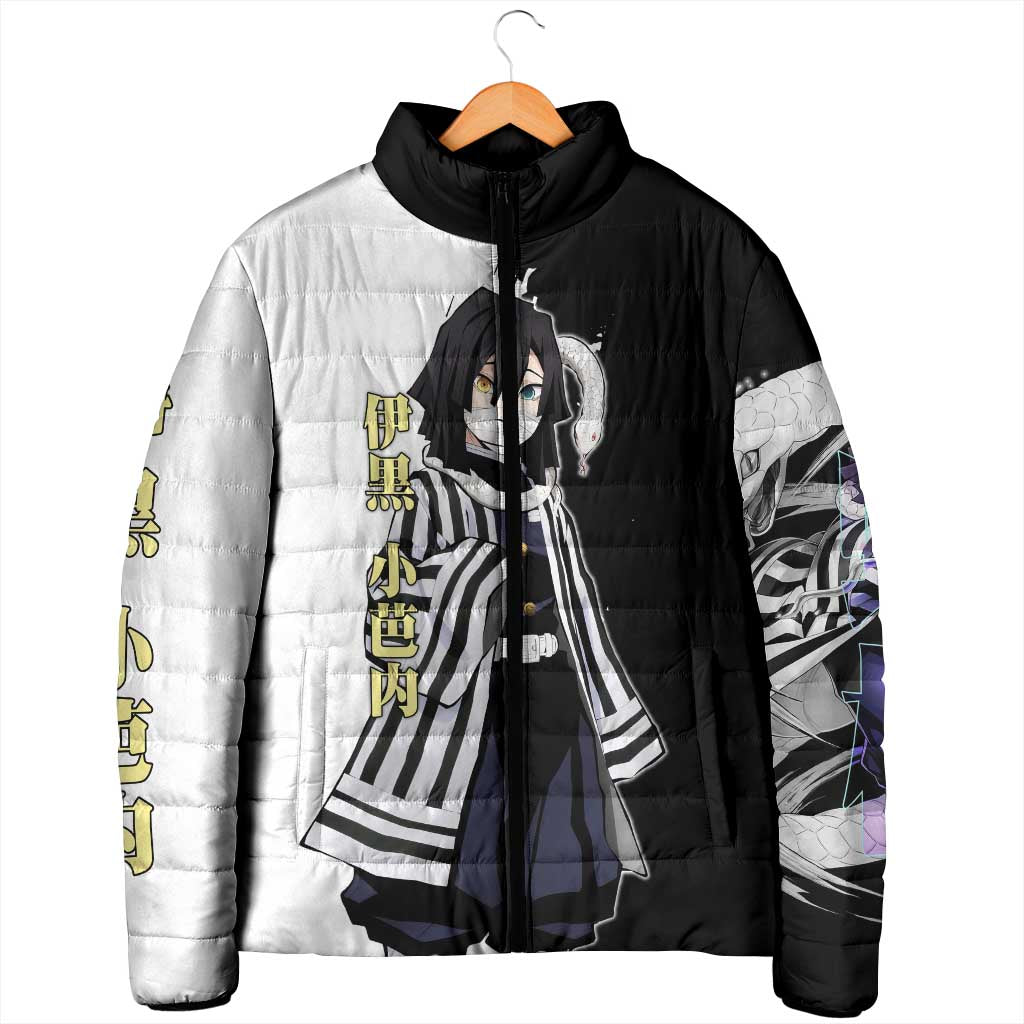 Obanai Iguro from Demon Slayer Padded Jacket with Black and White Contrast Background and Serpent-Themed Manga Style Design - The Mazicc