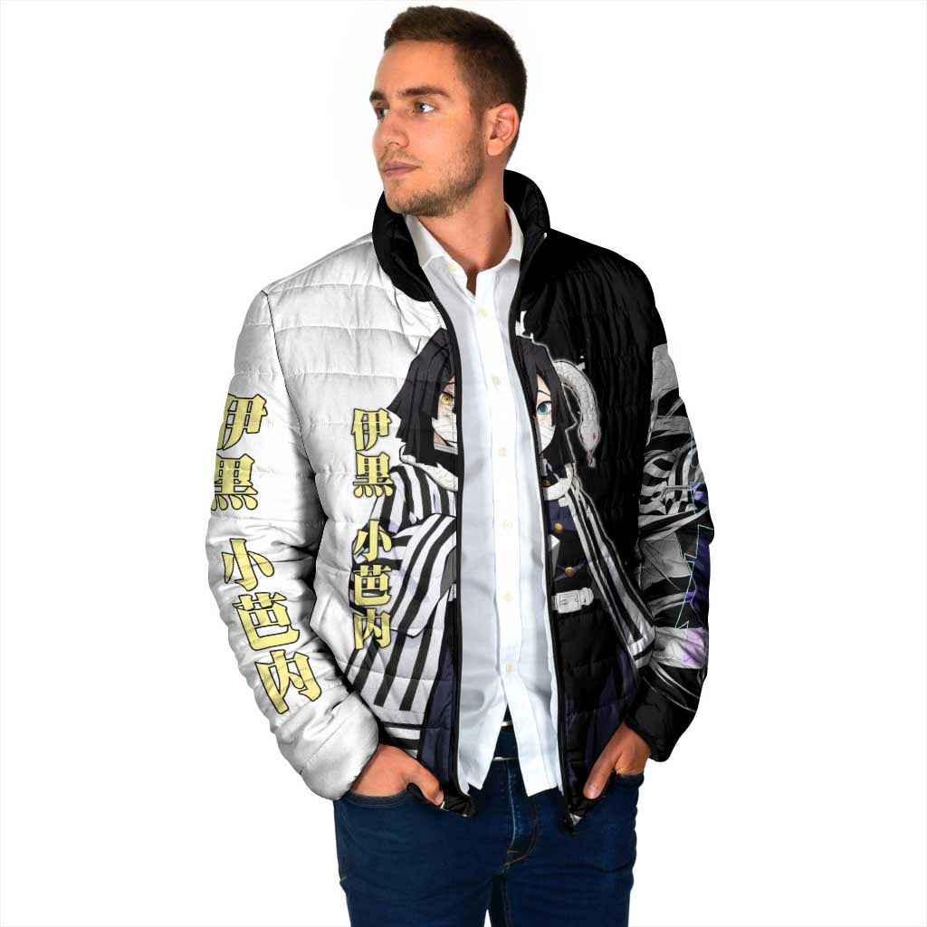 Obanai Iguro from Demon Slayer Padded Jacket with Black and White Contrast Background and Serpent-Themed Manga Style Design - The Mazicc