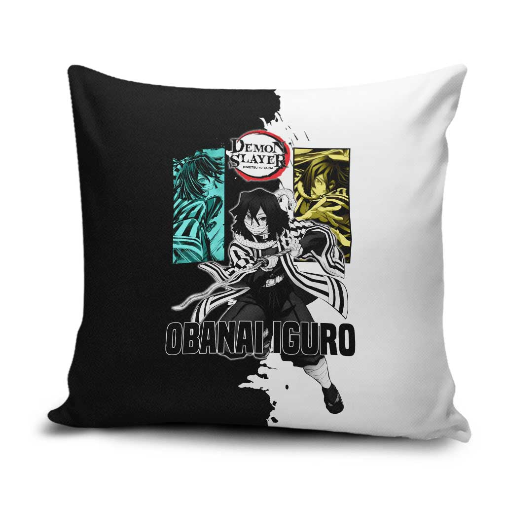 Obanai Iguro from Demon Slayer Pillow Cover with Black and White Contrast Background and Serpent-Themed Manga Style Design - The Mazicc