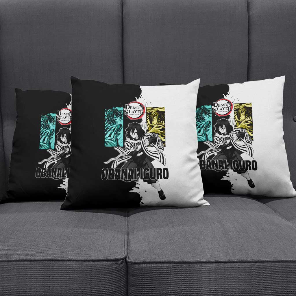 Obanai Iguro from Demon Slayer Pillow Cover with Black and White Contrast Background and Serpent-Themed Manga Style Design - The Mazicc
