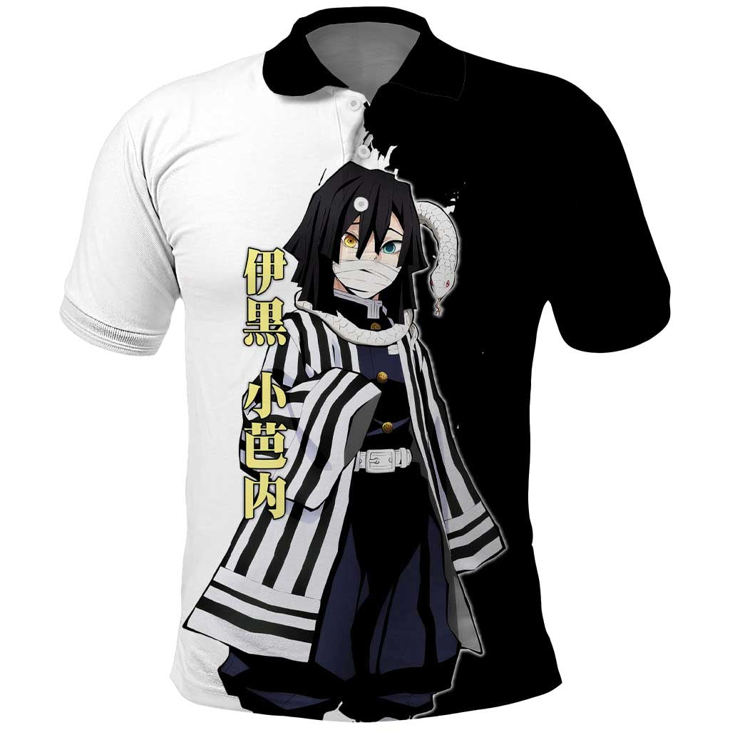 Obanai Iguro from Demon Slayer Polo Shirt with Black and White Contrast Background and Serpent-Themed Manga Style Design - The Mazicc