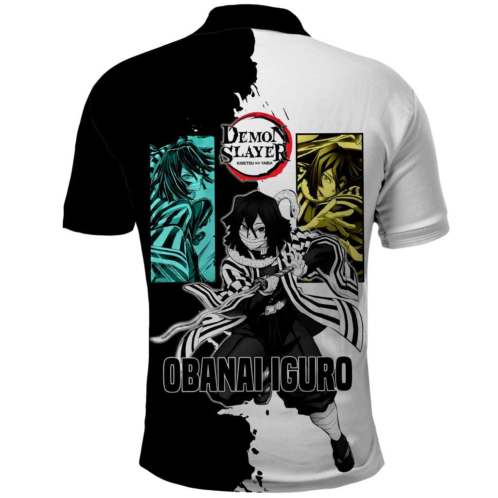 Obanai Iguro from Demon Slayer Polo Shirt with Black and White Contrast Background and Serpent-Themed Manga Style Design - The Mazicc