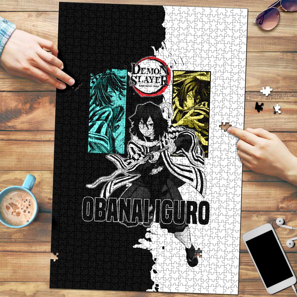 Obanai Iguro from Demon Slayer Puzzle with Black and White Contrast Background and Serpent-Themed Manga Style Design - The Mazicc