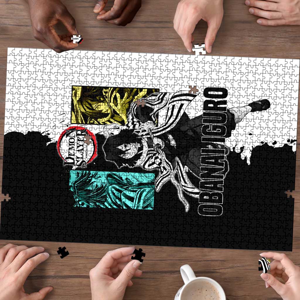Obanai Iguro from Demon Slayer Puzzle with Black and White Contrast Background and Serpent-Themed Manga Style Design - The Mazicc