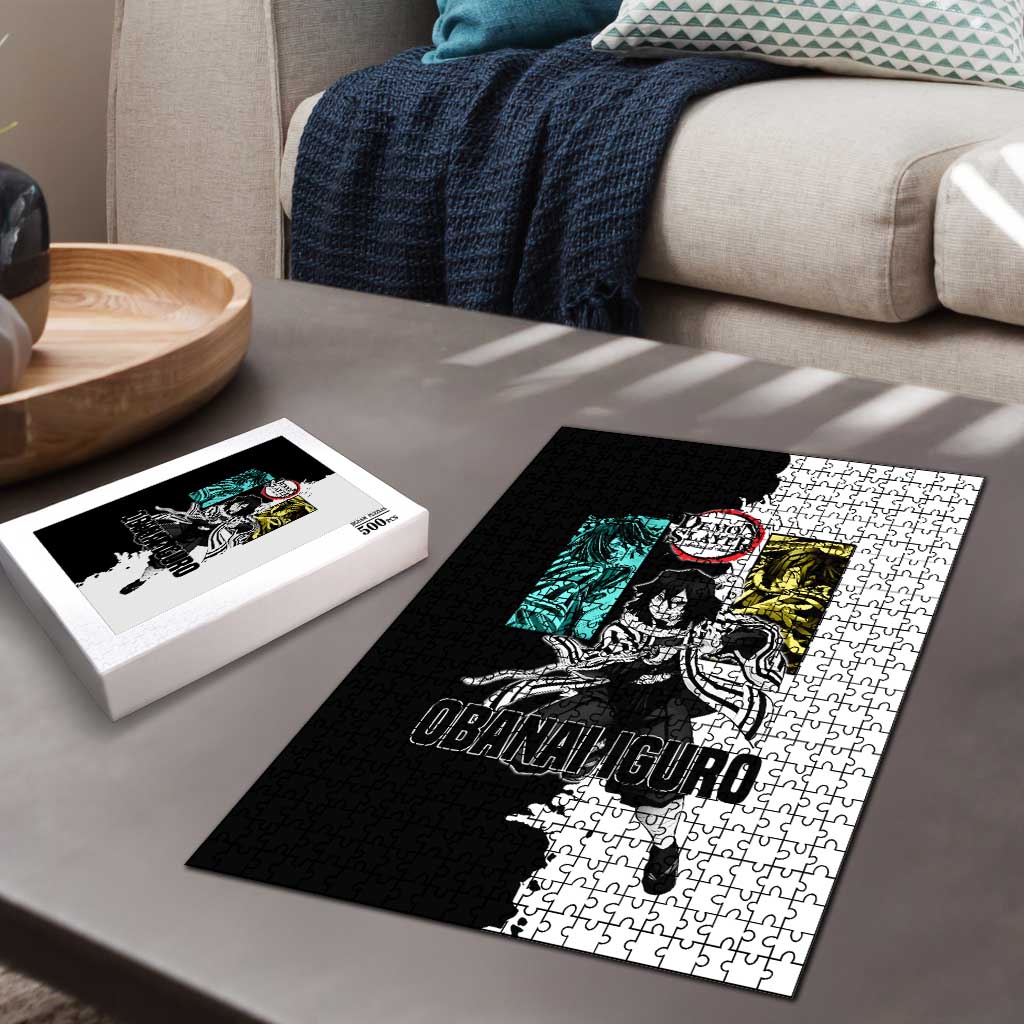 Obanai Iguro from Demon Slayer Puzzle with Black and White Contrast Background and Serpent-Themed Manga Style Design - The Mazicc