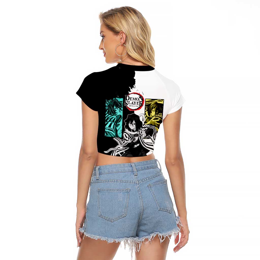 Obanai Iguro from Demon Slayer Raglan Cropped T Shirt with Black and White Contrast Background and Serpent-Themed Manga Style Design - The Mazicc
