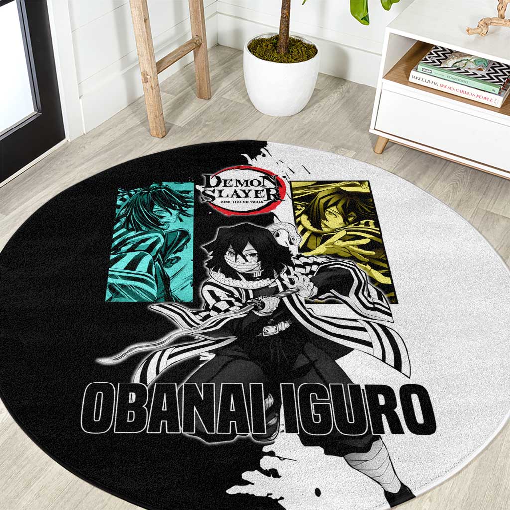 Obanai Iguro from Demon Slayer Round Carpet with Black and White Contrast Background and Serpent-Themed Manga Style Design - The Mazicc
