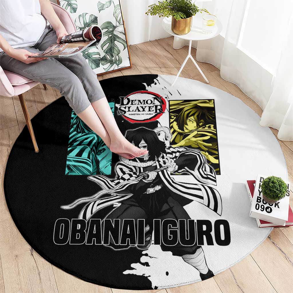 Obanai Iguro from Demon Slayer Round Carpet with Black and White Contrast Background and Serpent-Themed Manga Style Design - The Mazicc