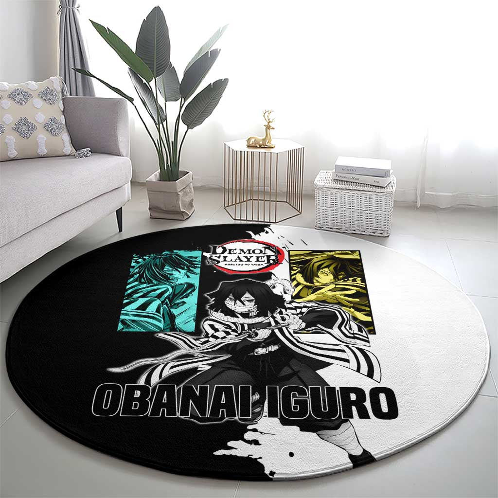 Obanai Iguro from Demon Slayer Round Carpet with Black and White Contrast Background and Serpent-Themed Manga Style Design - The Mazicc