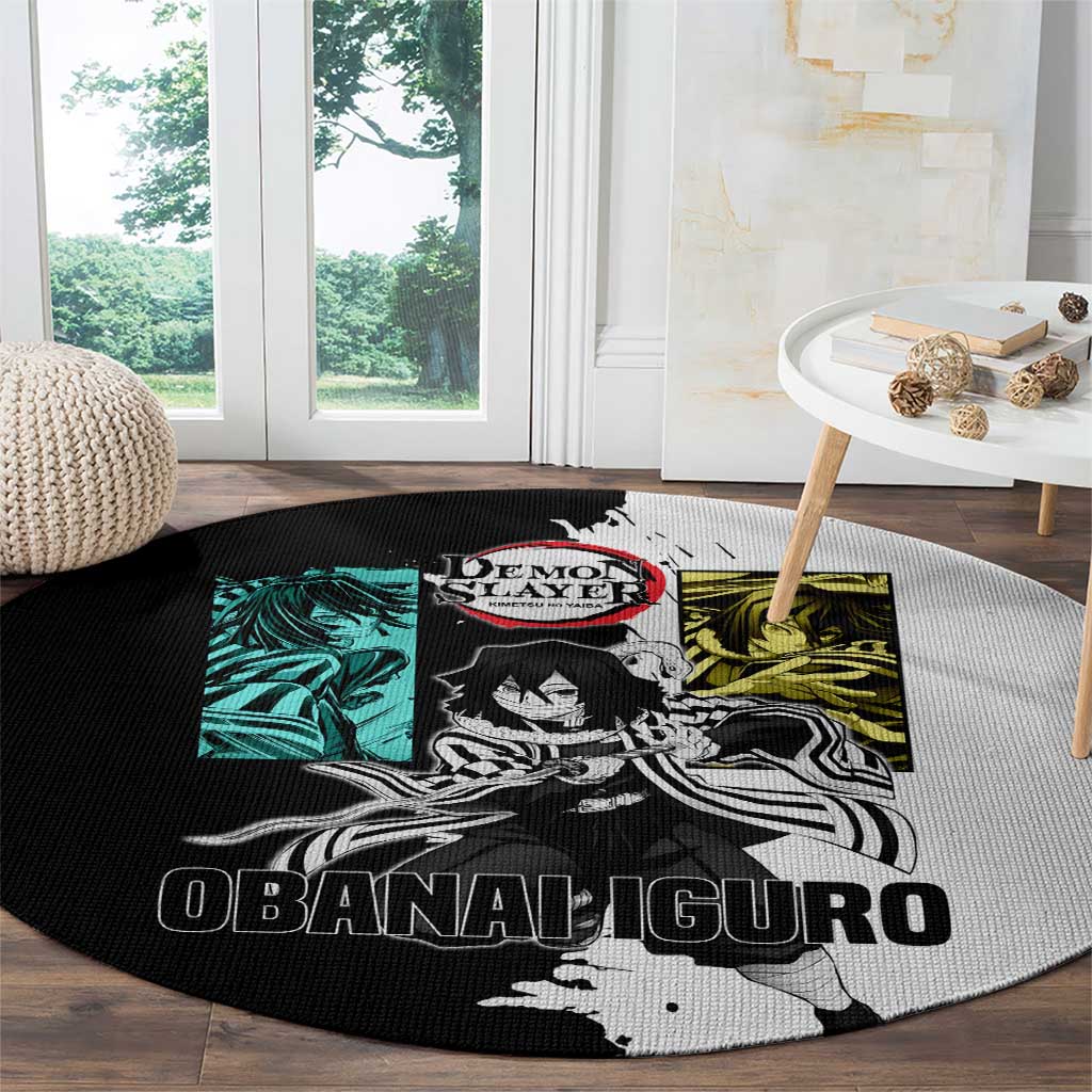 Obanai Iguro from Demon Slayer Round Carpet with Black and White Contrast Background and Serpent-Themed Manga Style Design - The Mazicc