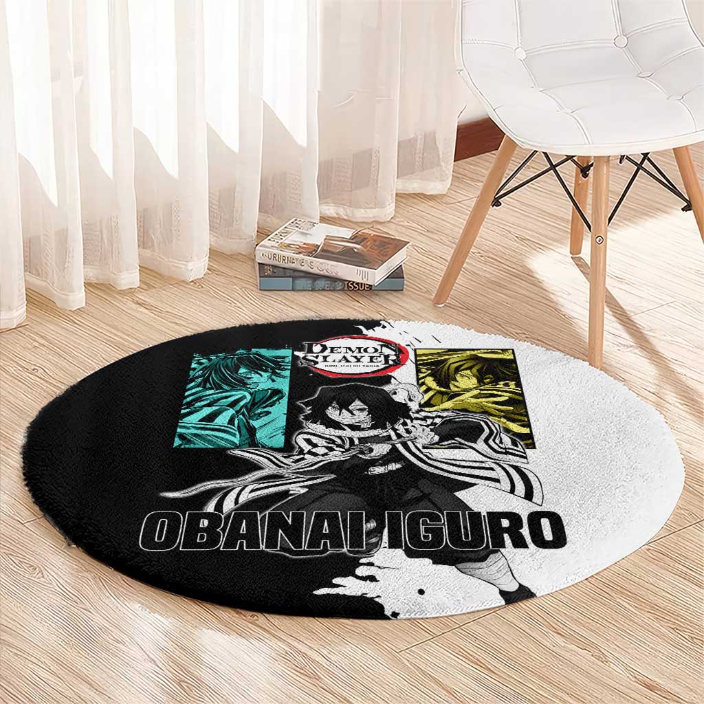 Obanai Iguro from Demon Slayer Round Carpet with Black and White Contrast Background and Serpent-Themed Manga Style Design - The Mazicc