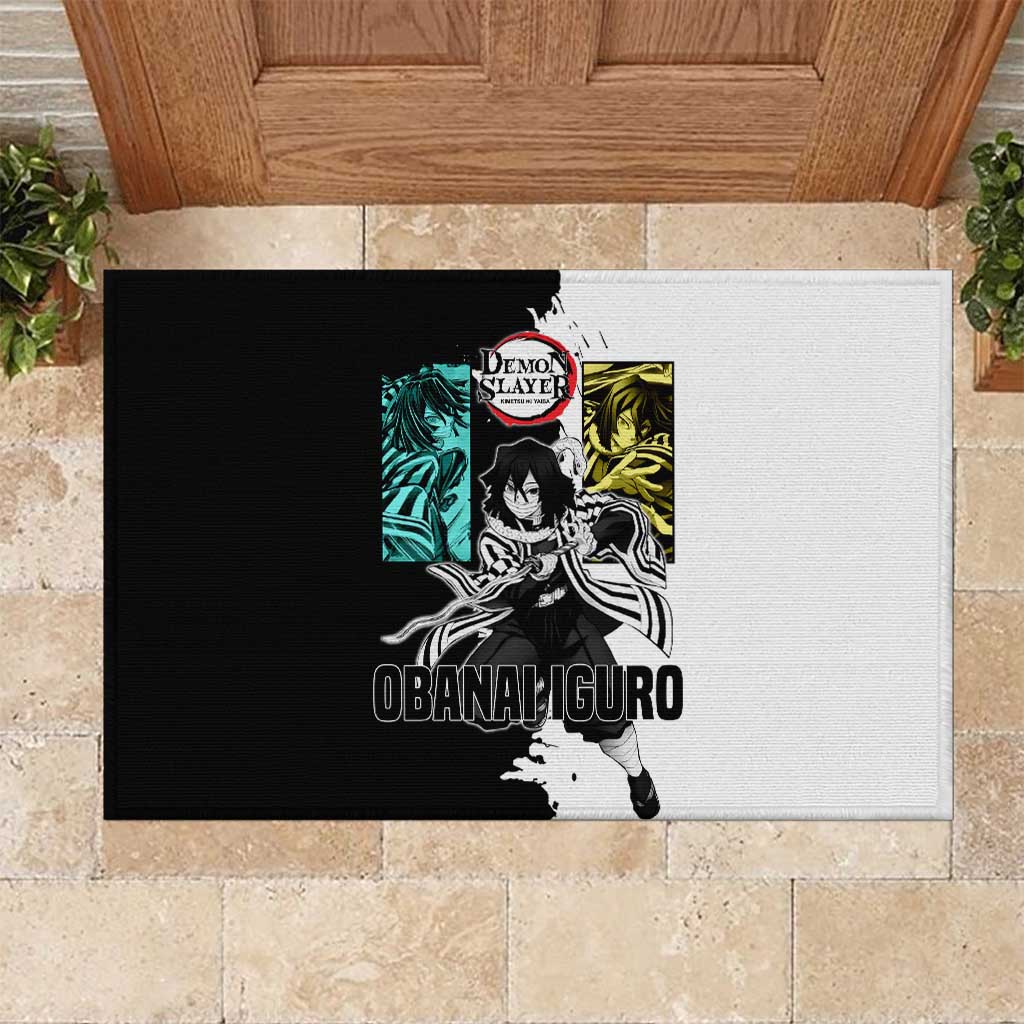Obanai Iguro from Demon Slayer Rubber Doormat with Black and White Contrast Background and Serpent-Themed Manga Style Design - The Mazicc