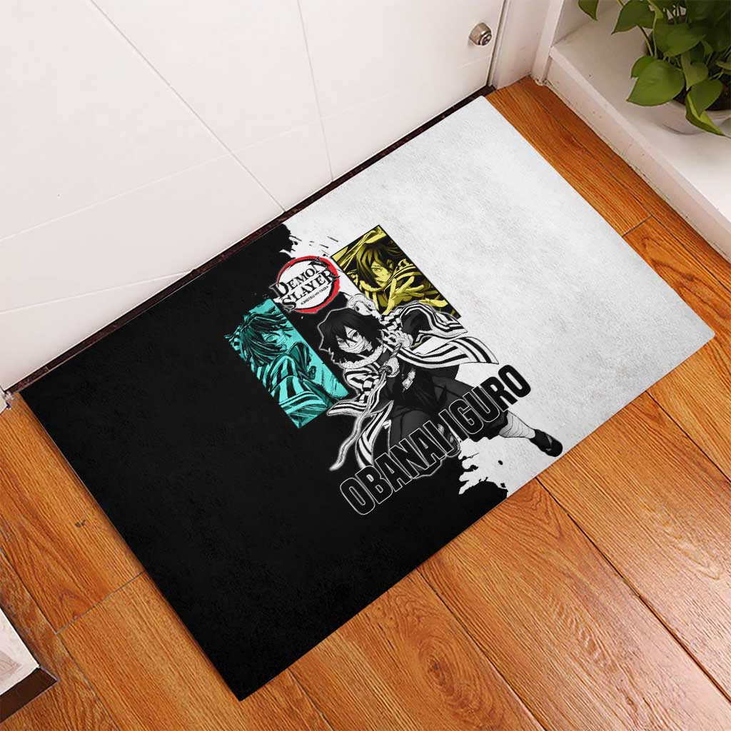 Obanai Iguro from Demon Slayer Rubber Doormat with Black and White Contrast Background and Serpent-Themed Manga Style Design - The Mazicc