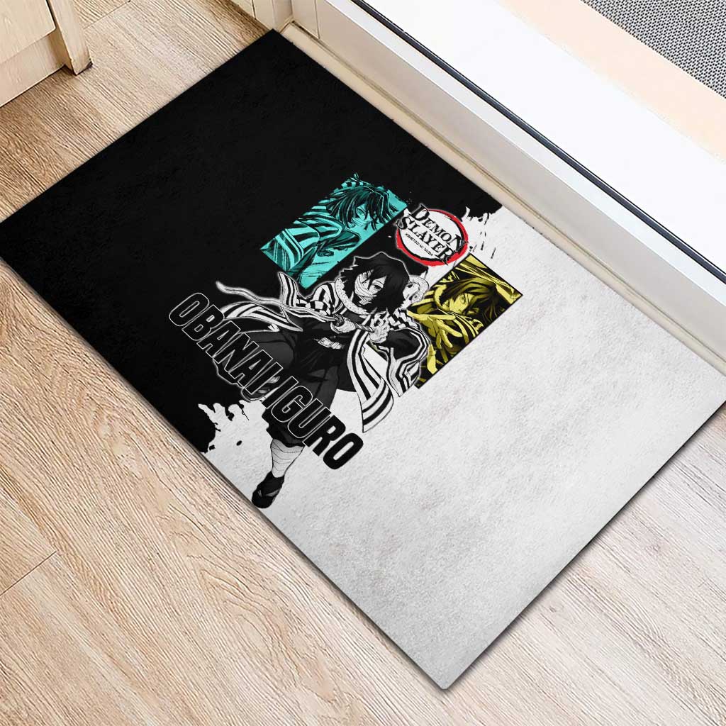 Obanai Iguro from Demon Slayer Rubber Doormat with Black and White Contrast Background and Serpent-Themed Manga Style Design - The Mazicc